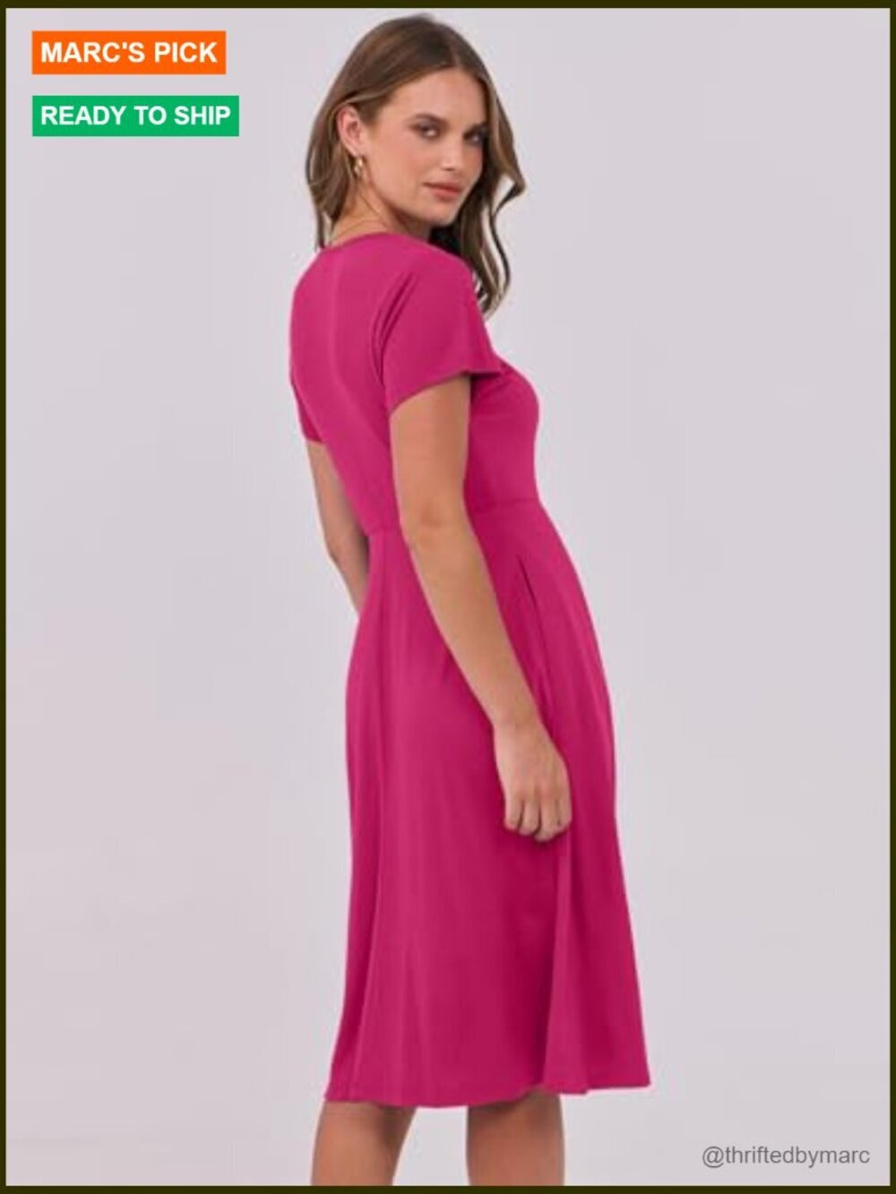 Women's A-Line Midi Dress with Pockets, V-Neck Short Sleeve Casual Summer Dress - Picture 6 of 7